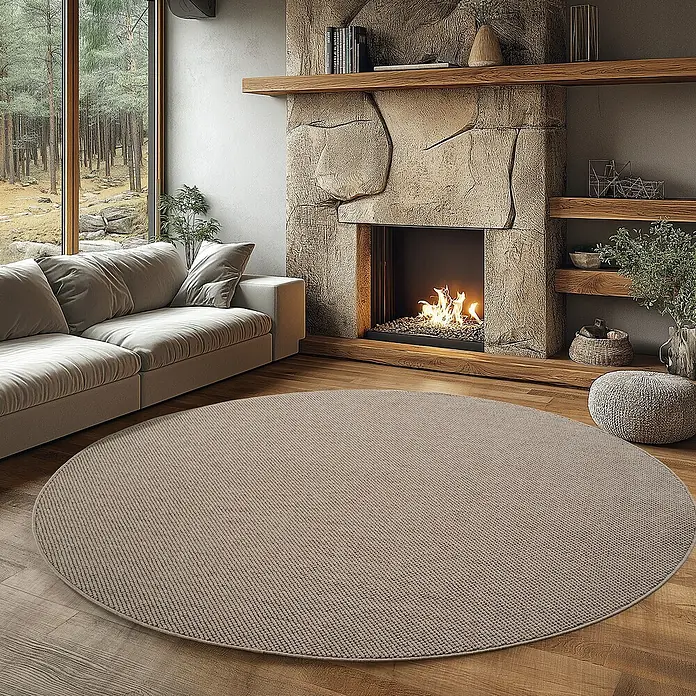 Flachgewebeteppich Helix 2200 - Beige, Durchmesser: 200 cm, 100 % Polyester - Ein beigefarbener runder Teppich liegt in einem gemütlichen Wohnzimmer mit Kamin und Couch. Der Teppich sorgt für Wärme und Stil im Raum.