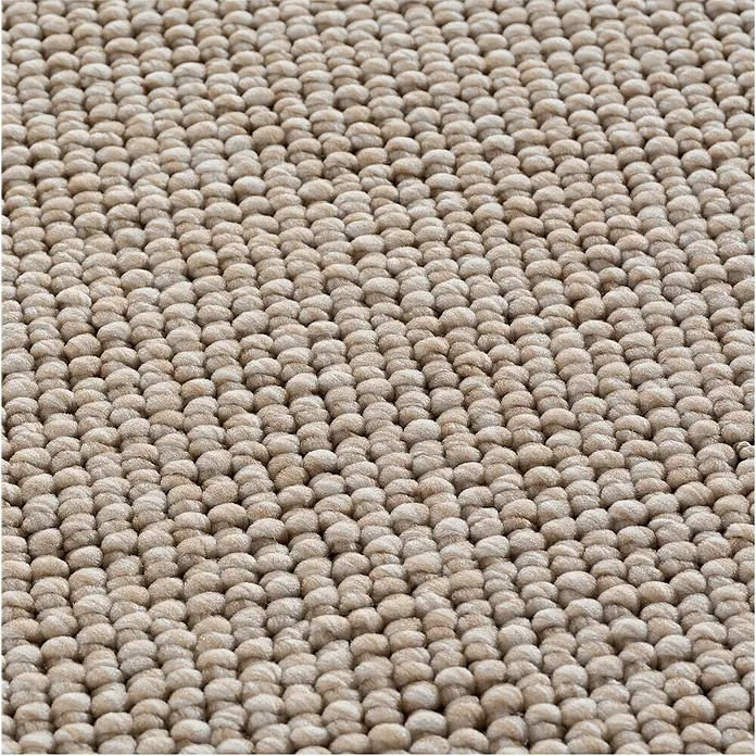 Flachgewebeteppich Helix 2200 - Beige, 150 x 80 cm, 100 % Polyester - Nahaufnahme eines beigen Berberteppichs, der eine dichte und robuste Textur für Komfort und Langlebigkeit bietet.