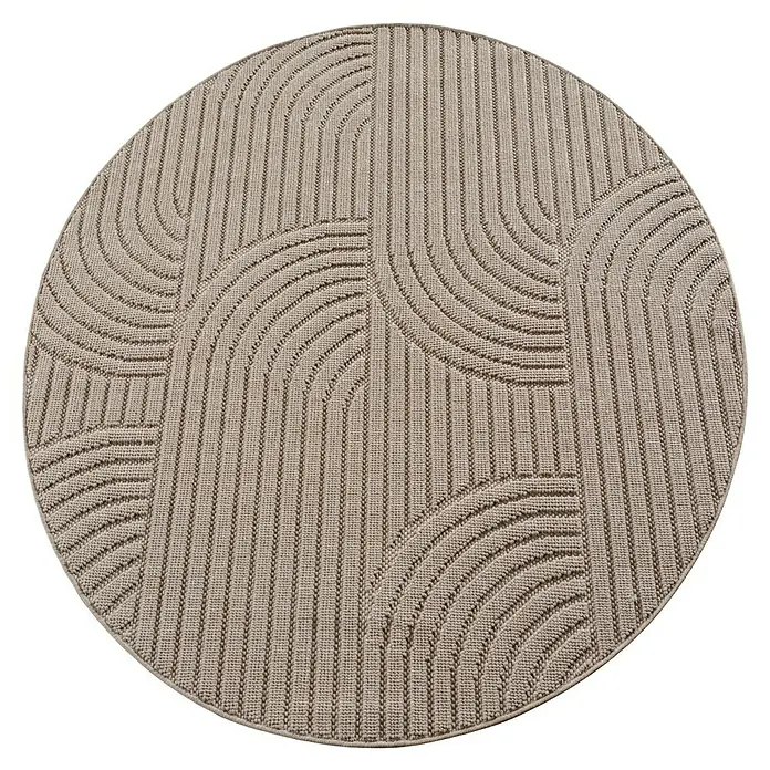 Flachgewebeteppich Helix 2201 - Beige, Durchmesser: 200 cm, 100 % Polyester - Ein runder Teppich mit einem geometrischen Muster aus beigen und braunen Linien, ideal für moderne Wohnräume.