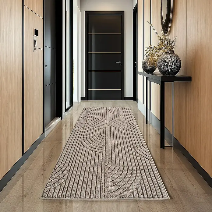 Flachgewebeteppich Helix 2201 - Beige, 110 x 60 cm, 100 % Polyester - Eleganter Läufer mit geometrischem Muster für den Flur. Perfekt, um Ihrem Zuhause einen modernen Touch zu verleihen.