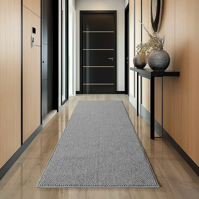 Flachgewebeteppich Helix 2200 - Silber, 250 x 80 cm, 100 % Polyester - Ein grauer Teppichläufer liegt in einem modern gestalteten Flur. Die Holzvertäfelung und die dunklen Türen unterstreichen das elegante Ambiente.