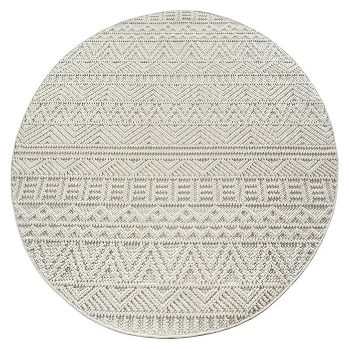 Flachgewebeteppich Helix 2202 - Creme, Durchmesser: 120 cm, 100 % Polyester - Ein runder Teppich mit einem geometrischen Muster in neutralen Farben, ideal für eine moderne und stilvolle Raumgestaltung.