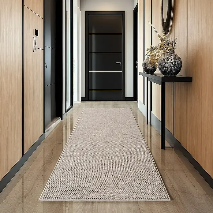 Flachgewebeteppich Helix 2200 - Beige, 150 x 80 cm, 100 % Polyester - Ein beiger Teppichläufer in einem eleganten Flur, der eine einladende und stilvolle Atmosphäre schafft. Der Läufer ergänzt das moderne Interieur.