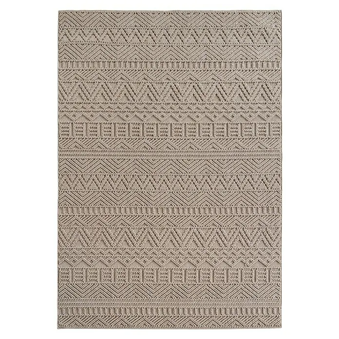 Flachgewebeteppich Helix 2202 - Beige, 200 x 140 cm, 100 % Polyester - Nahaufnahme eines beigen Teppichs mit einem sich wiederholenden geometrischen Muster. Ideal für ein stilvolles und gemütliches Ambiente im Raum.