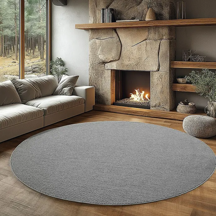 Flachgewebeteppich Helix 2200 - Silber, Durchmesser: 120 cm, 100 % Polyester - Ein grauer runder Teppich liegt in einem gemütlichen Wohnzimmer mit Kamin und Couch. Der Teppich bietet Komfort und Stil.