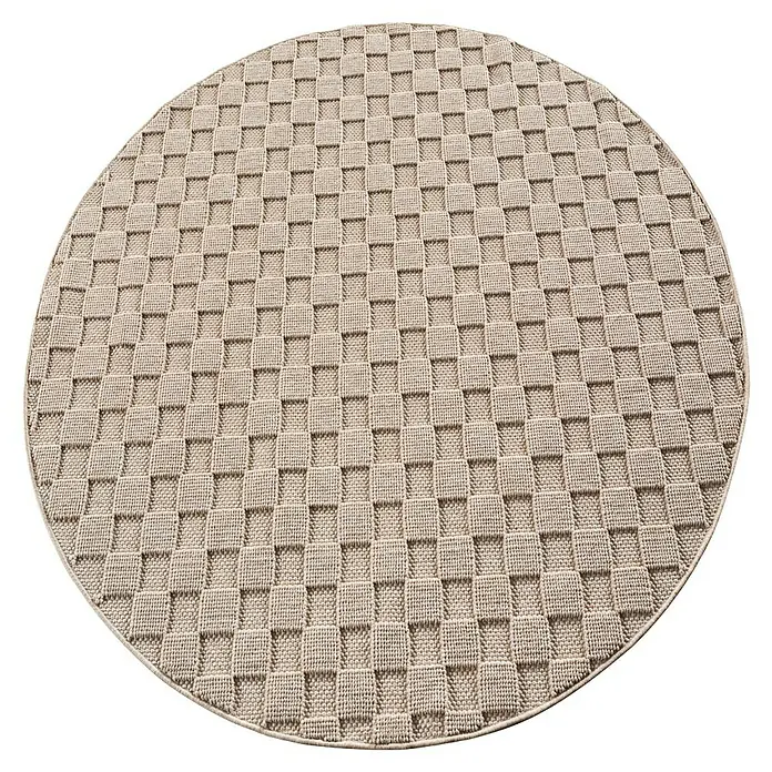 Flachgewebeteppich Helix 2203 - Beige, Durchmesser: 120 cm, 100 % Polyester - Nahaufnahme eines runden Teppichs mit gewebtem Muster. Das Produkt zeigt eine sandfarbene Farbgebung und eine detaillierte Textur.