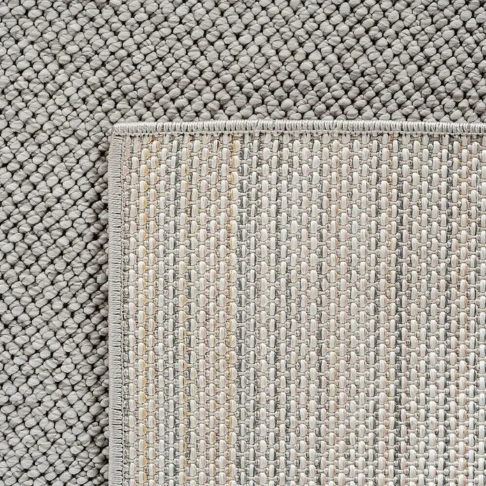 Flachgewebeteppich Helix 2200 - Silber, 170 x 120 cm, 100 % Polyester - Nahaufnahme eines grauen Teppichs, der eine robuste Textur und einen sauberen, gewebten Rand zeigt, ideal für moderne Wohnräume.