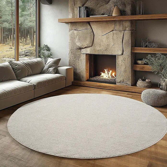 Flachgewebeteppich Helix 2200 - Creme, Durchmesser: 160 cm, 100 % Polyester - Wohnzimmer mit einem runden, hellen Teppich vor einem Kamin und einem Sofa.