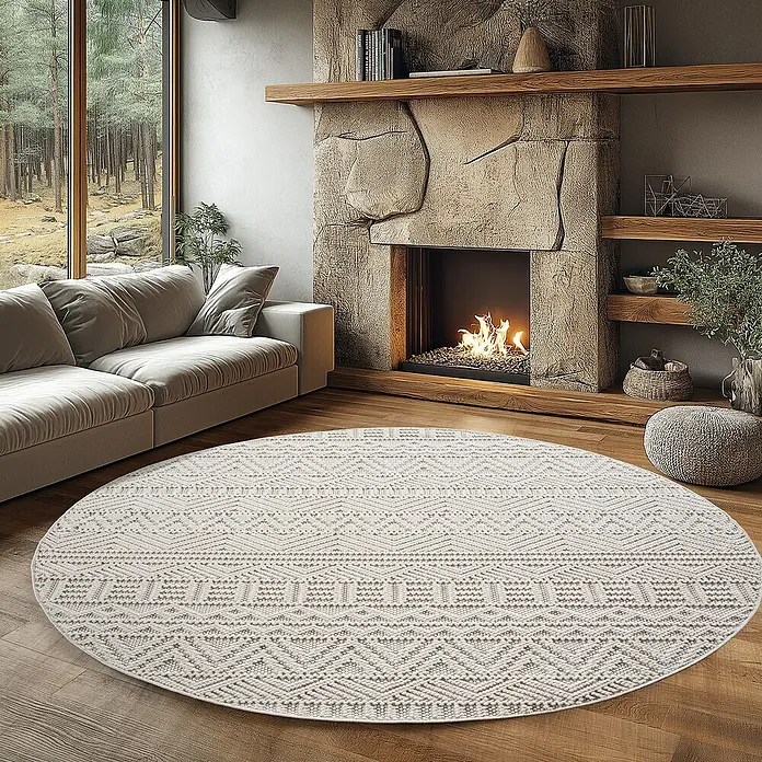 Flachgewebeteppich Helix 2202 - Creme, Durchmesser: 120 cm, 100 % Polyester - Moderner Wohnraum mit einem runden, gemusterten Teppich, der den Raum optisch aufwertet und für Wärme sorgt.