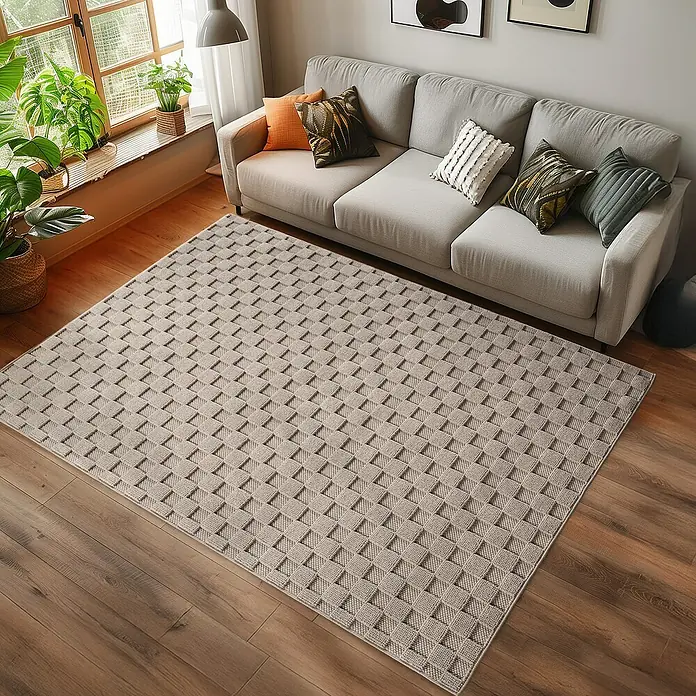 Flachgewebeteppich Helix 2203 - Beige, 340 x 240 cm, 100 % Polyester - Strukturierter Teppich mit modernem Design in einem Wohnzimmer.