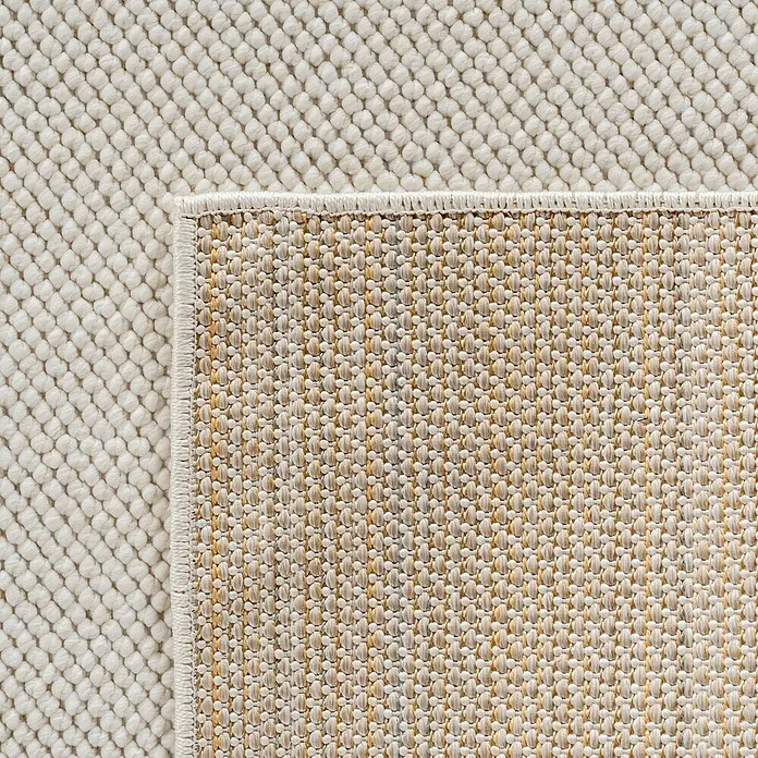 Flachgewebeteppich Helix 2200 - Creme, Durchmesser: 160 cm, 100 % Polyester - Detailansicht eines beigen Teppichs mit unterschiedlichen Texturen, die die hochwertige Verarbeitung und das Design hervorheben.