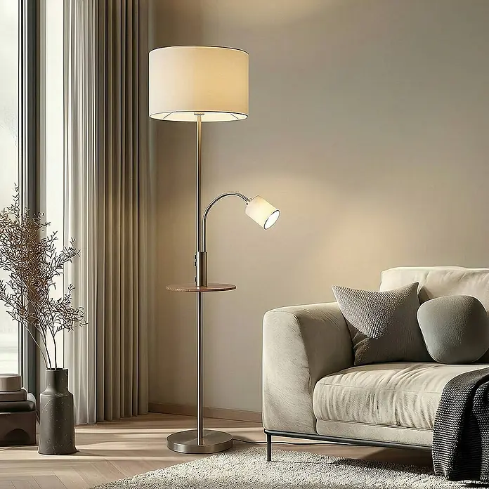 Lindby Stehleuchte Aovan - Höhe: 170 cm, alu / grau / zink, creme / amber, E27