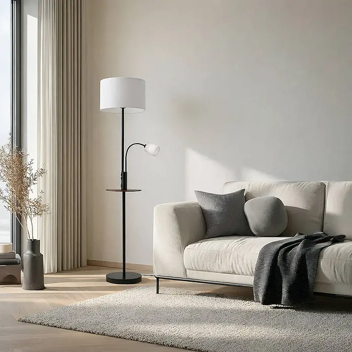 Lindby Stehleuchte Aovan - Höhe: 170 cm, schwarz, creme / amber, E27