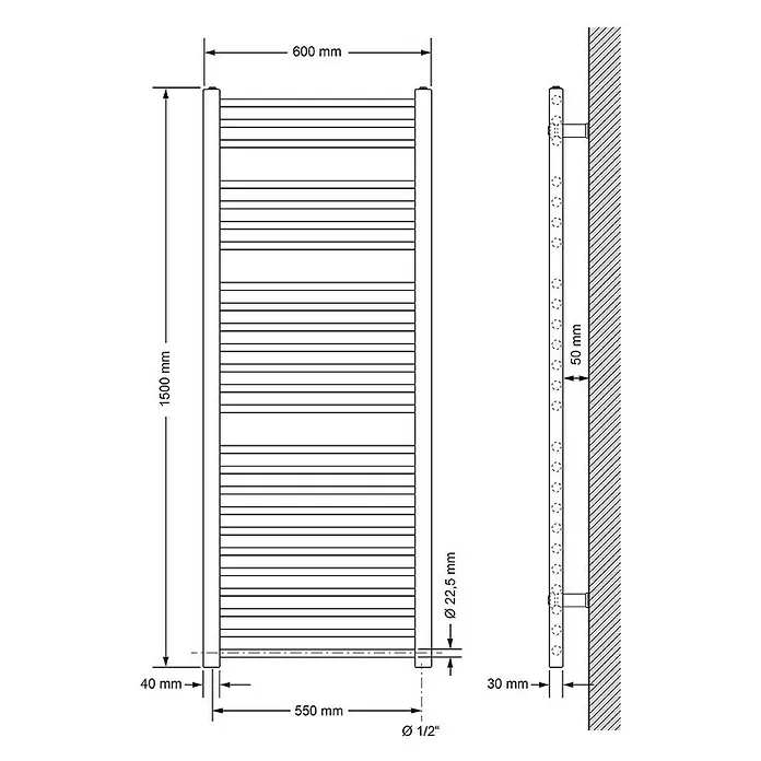 LuxeBath Elektro-Badheizkörper Schwarz matt 600x1500mm gerade mit Seitenanschluss - B x H: 3 x 150 mm