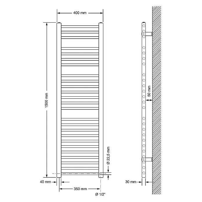 LuxeBath Elektro-Badheizkörper Schwarz 400x1500mm gerade Seitenanschluss - B x H: 3 x 150 mm