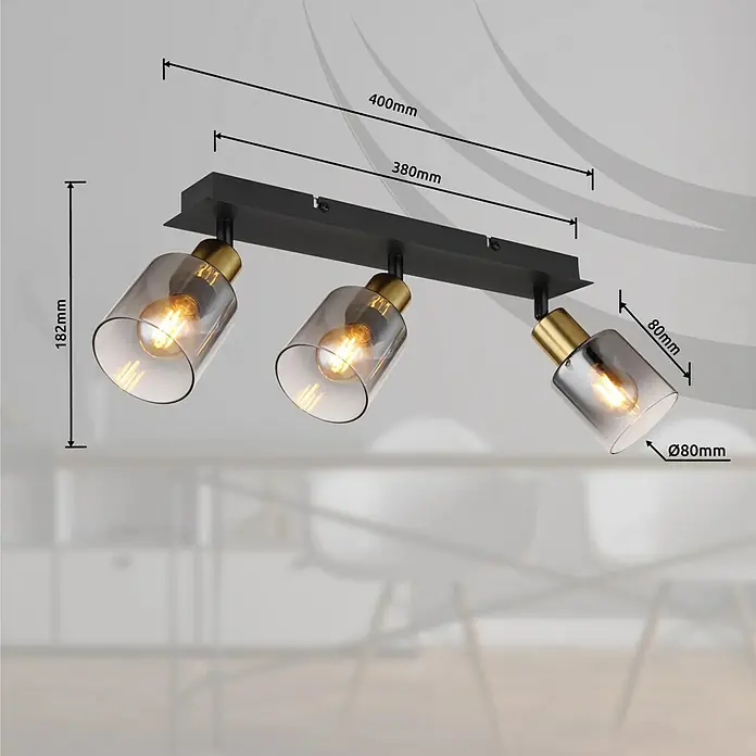 Globo Deckenstrahler Hollsy - 25 W, L x B x H: 40 x 8 x 18 cm, Schwarz, E14 - Produktbild einer dreiflammigen Deckenleuchte in Schwarz und Gold mit Maßenangaben.