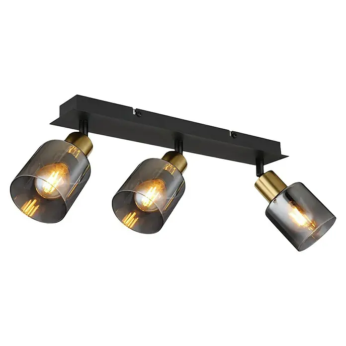 Globo Deckenstrahler Hollsy - 25 W, L x B x H: 40 x 8 x 18 cm, Schwarz, E14 - Moderne Deckenleuchte mit drei Glaslampenschirmen und goldfarbenen Akzenten für stilvolle Beleuchtung im Raum.