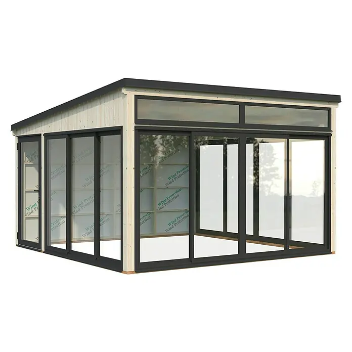 Palmako Caseta de jardín Saga Slide - L x An: 420 x 420 cm, Natural, Con cristal templado de 4 mm, Puerta de una hoja - Una caseta de jardín brillante y moderna con grandes ventanales y marcos oscuros ofrece mucha luz y un aspecto elegante.