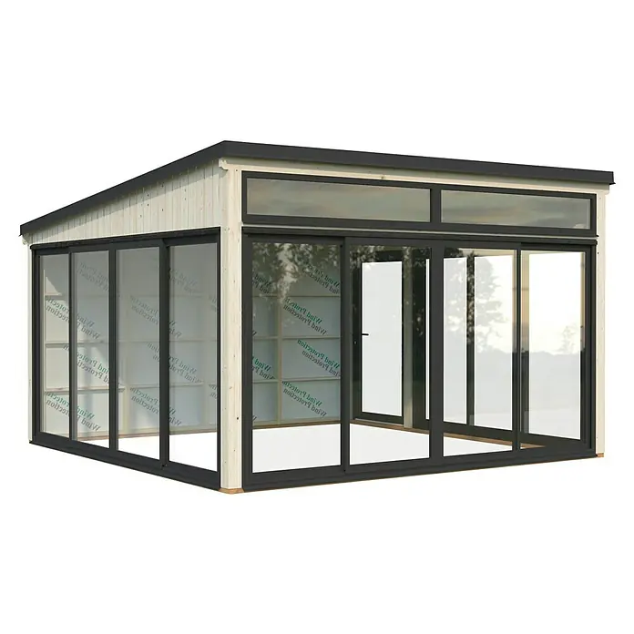 Palmako Caseta de jardín Saga Slide - L x An: 420 x 420 cm, Natural, Con cristal templado de 4 mm, Puerta de una hoja - Construcción moderna de vidrio con marco de madera y puertas correderas, ideal para jardines de invierno o cubiertas de terraza.