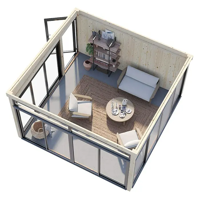 Palmako Caseta de jardín Saga Slide - L x An: 420 x 420 cm, Natural, Con cristal templado de 4 mm, Puerta de una hoja - Vista al interior de un jardín de invierno con amplias ventanas, muebles cómodos y diseño rústico de madera que invita a la relajación.