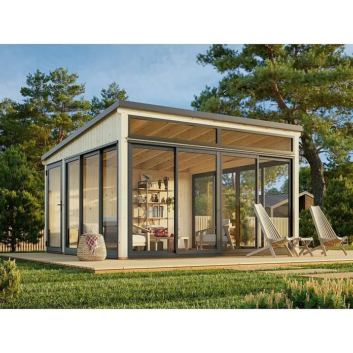 Palmako Caseta de jardín Saga Slide Plus - L x An: 420 x 420 cm, Natural, Doble acristalamiento de 24 mm, Puerta de una hoja - Caseta de jardín luminosa con grandes fachadas de vidrio que dejan entrar mucha luz natural. Terraza de madera con tumbonas y mesa auxiliar para relajarse.