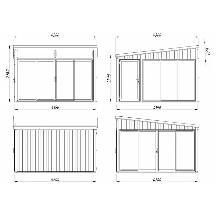 Palmako Caseta de jardín Saga Slide - L x An: 420 x 420 cm, Natural, Con cristal templado de 4 mm, Puerta de una hoja - Vista superior del plano de un pabellón de jardín moderno con puertas correderas y un diseño elegante. Las dimensiones están indicadas con precisión.