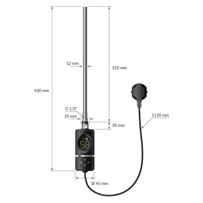 LuxeBath Elektro-Badheizkörper Handtuchheizkörper Schwarz, gerade mit Thermostat Digitalanzeige - B x H: 4 x 80 mm