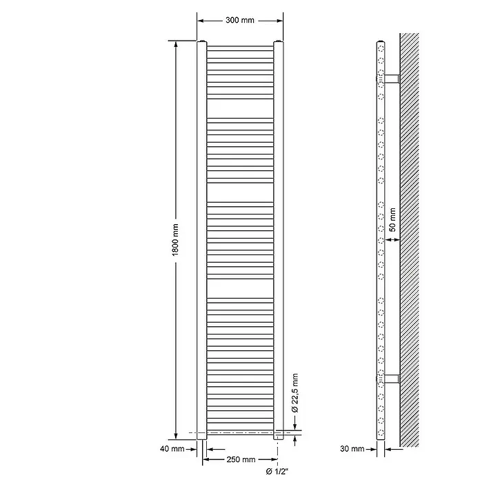 LuxeBath Elektro-Badheizkörper Handtuchwärmermit Heizstab 300x1800mm Schwarz gerade 1200 W - 