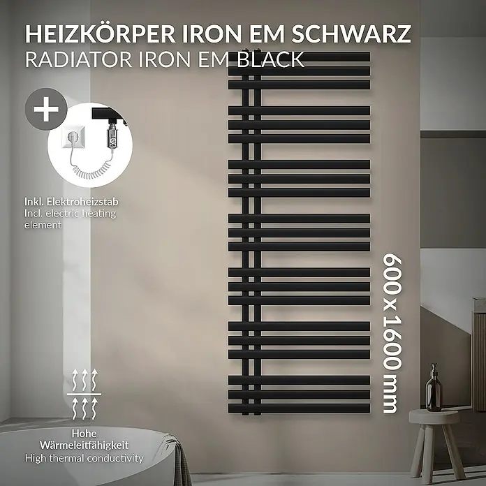LuxeBath Elektro-Badheizkörper Schwarz matt 600x1600mm mit Heizstab 900W inkl. Montage-Set - B x H: 4 x 160 cm