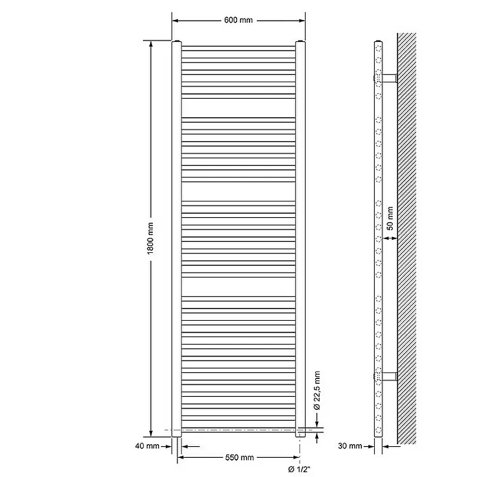 LuxeBath Elektro-Badheizkörper Schwarz matt 600x1800mm gerade mit Seitenanschluss - B x H: 3 x 180 mm