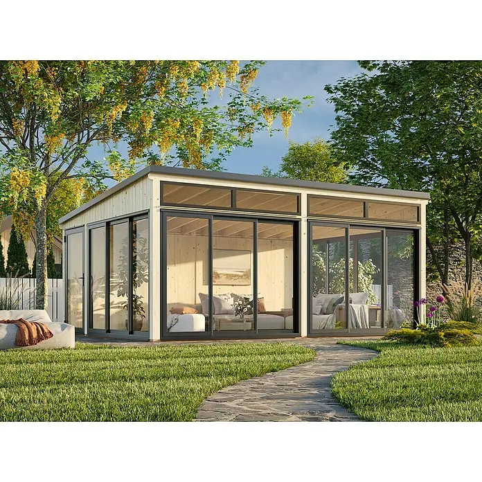 Palmako Caseta de jardín Saga Slide - L x An: 420 x 582 cm, Natural, Con cristal templado de 4 mm, Puerta de una hoja - Pérgola de jardín moderna con frente de cristal y puertas correderas, rodeada de vegetación. Ideal para relajarse al aire libre.