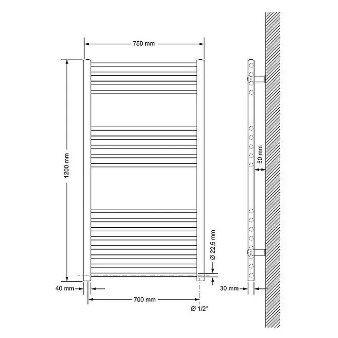 LuxeBath Elektro-Badheizkörper Handtuchwärmer Elektrisch 750x1200 mm Schwarz gerade mit Heizstab 1200W - 