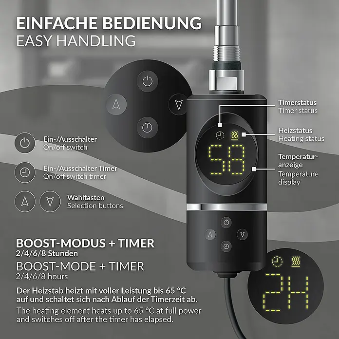 LuxeBath Elektro-Badheizkörper Schwarz matt 750x1200mm gerade mit Seitenanschluss - B x H: 3 x 120 mm