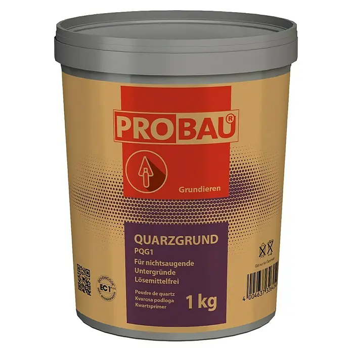 Probau eco Quarzgrund - 1 kg - Bild eines PROBAU Quarzgrund PQG1-Eimers mit den Aufschriften in verschiedenen Sprachen und dem PROBAU-Logo.