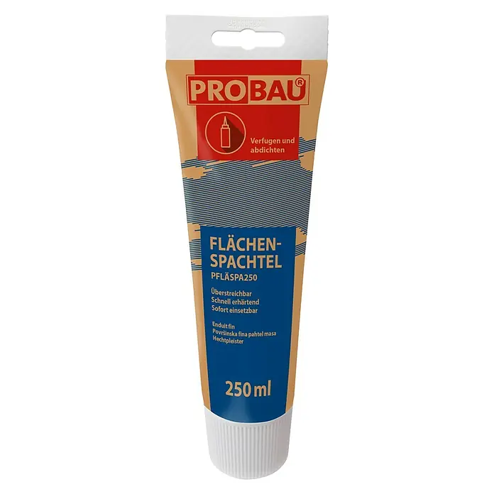 Probau Flächenspachtel - Anwendungsbereich: Innen, 250 ml - Produktabbildung: PROBAU Flächenspachtel, 250ml Tube für schnelle Reparaturen und Ausbesserungen im Innenbereich.