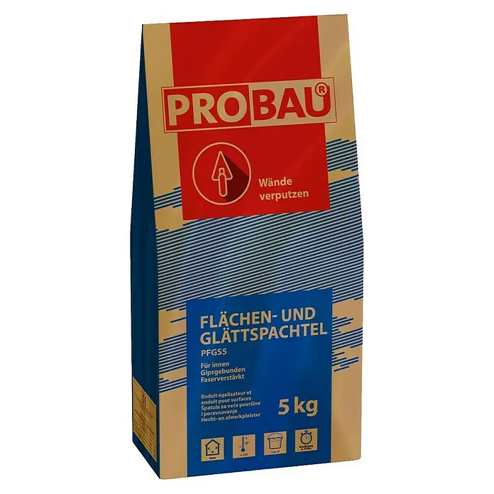 Probau Flächen- & Glättspachtel - Anwendungsbereich: Innen, 5 kg - Ein Sack PROBAU Flächen- und Glättspachtel PFGS5, ideal für glatte Wände. Gipsgebunden, faserverstärkt für Innenbereiche, 5 kg.