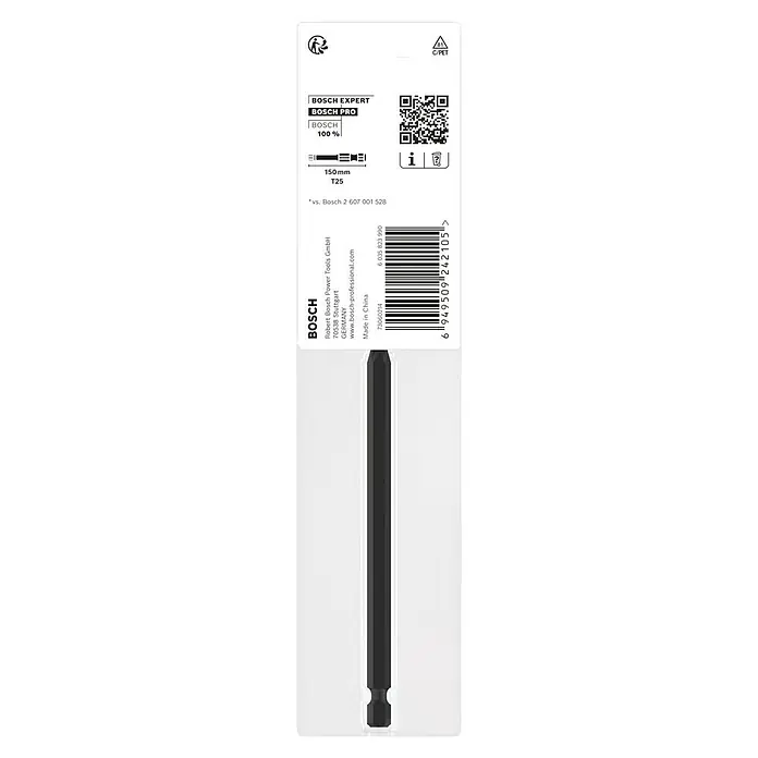 Bosch Bit PRO Impact T - T25, 150 mm - Bild eines Bosch Expert Bosch Pro T25 Schrauberbits, 150 mm lang, für professionelle Anwendungen, verpackt in einer transparenten Kunststoffhülle.