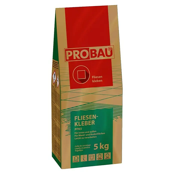 Probau Fliesenkleber - 5 kg - Abbildung einer Packung ProBau Fliesenkleber PFK5, geeignet für Innen- und Außenbereiche, mit einem Gewicht von 5 kg.