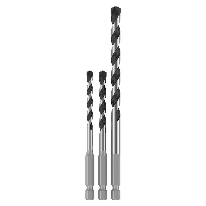 Bosch Set de brocas HEX-5 - 3 pzs. - Esta imagen muestra tres brocas helicoidales de diferentes tamaños con mango hexagonal, ideales para trabajos de perforación precisos.