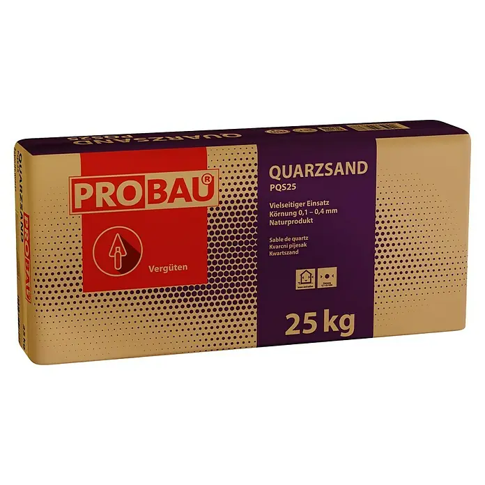 Probau eco Quarzsand - 25 kg, Feuergetrocknet - Aufnahme eines Sackes Quarzsand PQS25 der Marke PROBAU, ideal für vielseitige Anwendungen im Garten- und Landschaftsbau, mit einer Körnung von 0,1 bis 0,4 mm.