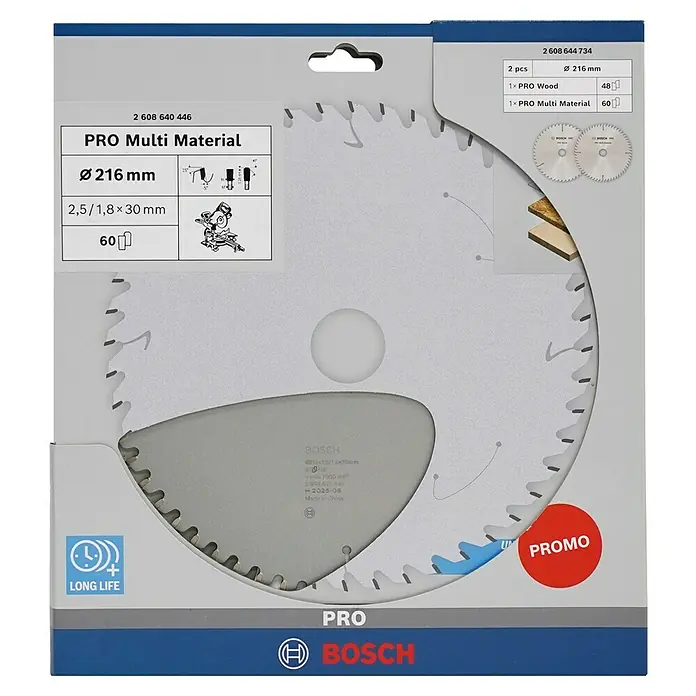 Bosch Professional Kreissägeblatt - Durchmesser Sägeblatt: 216 mm, Bohrung: 30 mm, 2 Stk. - Bild von einer Bosch Kreissägeblatt-Verpackung, die ein PRO Multi Material Sägeblatt und seine technischen Daten zeigt.
