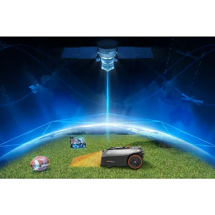 Yard Force Mähroboter Revola iVR10 - 1.000 m², Schnittbreite: 18 cm, Induktionsgestützte Navigation, Begrenzungskabel - Bild eines Robotermähers mit Satellitenverbindung, der durch einen Garten navigiert, Hindernissen ausweicht und effizient mäht.