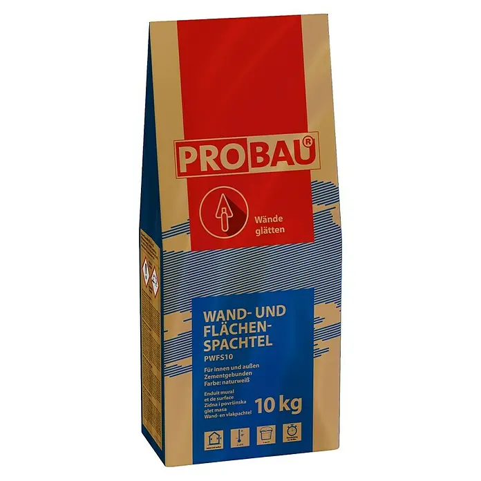 Probau Flächenspachtel - 10 kg, Einsatzbereich: Wand - Abbildung eines Sackes PROBAU Wand- und Flächenspachtel mit 10 kg Inhalt, ideal zum Glätten von Wänden im Innen- und Außenbereich.