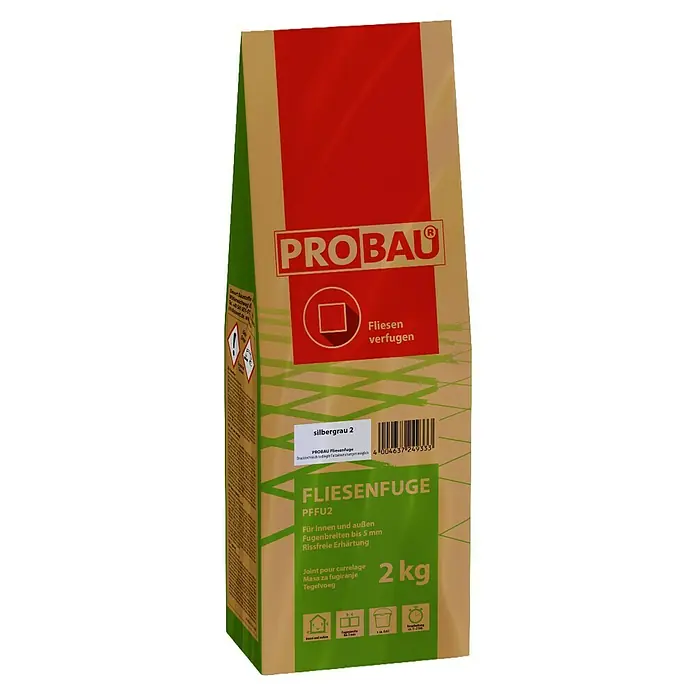 Probau Fliesenfuge - Silbergrau, 2 kg - Ein Sack PROBAU Fliesenfuge silbergrau 2, ein Fugenmörtel für Fliesen, ideal für Innen- und Außenbereiche, mit 2 kg Inhalt.