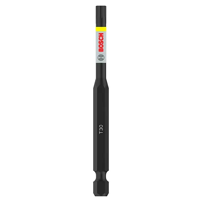 Bosch Bit PRO Impact T - T30, 90 mm - Abbildung eines Bosch T30 Schrauberbits in Schwarz und Grau mit rotem Bosch-Logo und gelbem Streifen. Hervorragende Qualität für präzise Schraubarbeiten.