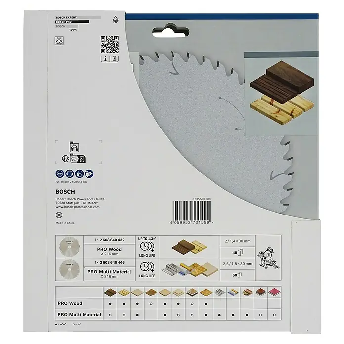 Bosch Professional Kreissägeblatt - Durchmesser Sägeblatt: 216 mm, Bohrung: 30 mm, 2 Stk. - Verpackung der Bosch Pro Sägeblätter für Holz und Multimaterial, Durchmesser 216 mm, mit 48 bzw. 60 Zähnen für lange Lebensdauer.