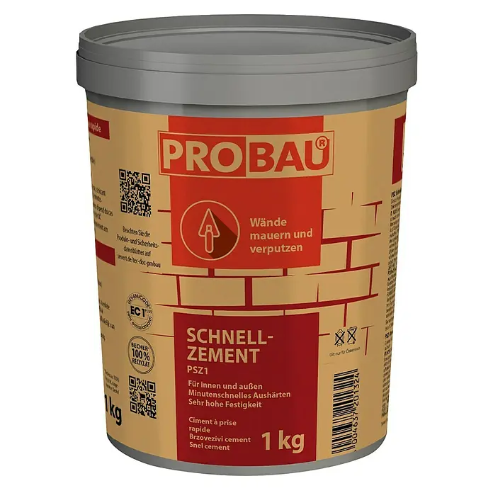 Probau Schnellzement - 1 kg, Chromatarm - Bild eines Eimers Schnellzement von Probau, ideal zum Mauern und Verputzen von Wänden im Innen- und Außenbereich.