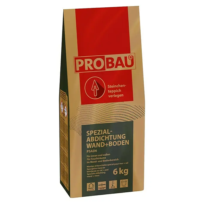 Probau Spezialabdichtung Wand+Boden - 6 kg, Geeignet für: Steinchenteppich - Bild eines 6 kg Sackes Spezialabdichtung Wand+Boden PSAD6 von Probau, geeignet für Innen- und Außenbereiche sowie Feuchträume.