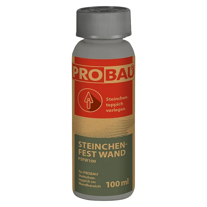 Probau Steinchenfest Wand - 100 ml, Geeignet für: Steinchenteppich - Eine Flasche PROBAU Steinchen-Fest Wand, ein Produkt zur Verlegung von Steinteppichen an Wänden, mit 100 ml Inhalt.