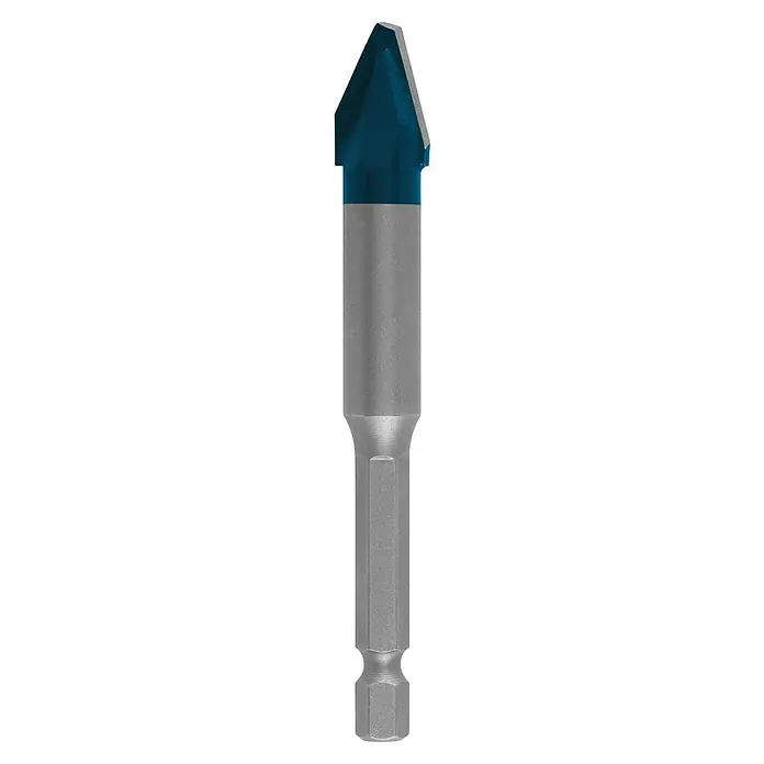 Bosch Professional Fliesenbohrer HEX-9 Hard Ceramic - Durchmesser Bohrer: 12 mm, Länge: 90 mm - Nahaufnahme eines blauen Glasbohrers mit Metallschaft für präzise Bohrarbeiten in Glas und Keramik. Ein unverzichtbares Werkzeug für Handwerker.